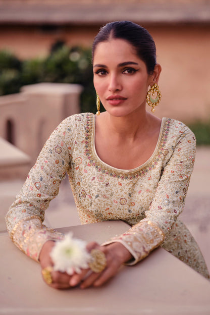 White Anarkali Salwar Suit Embroidery Worked Heavy Long Dupatta Suit