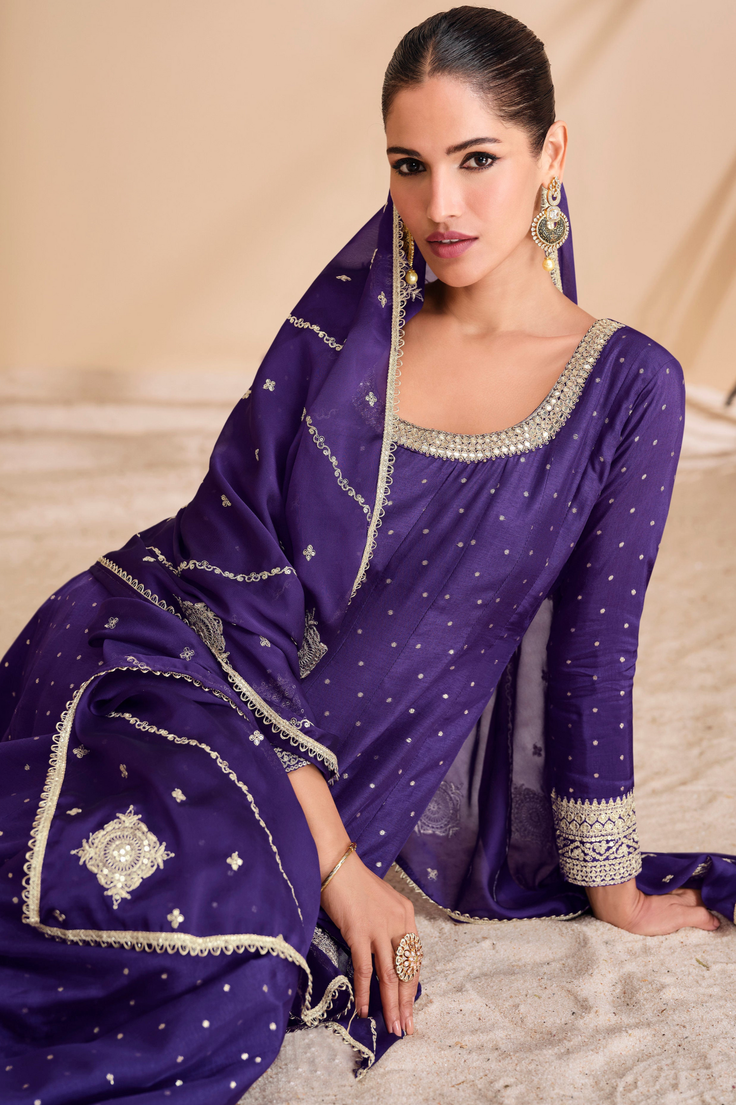 Purple Embroidered Indian Pakistani Anarkali Gown With Dupatta For Her