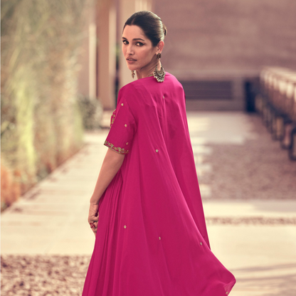 Stylish Eid Party Full-Length Chinon Silk Pink Anarkali Gown With Dupatta Suit