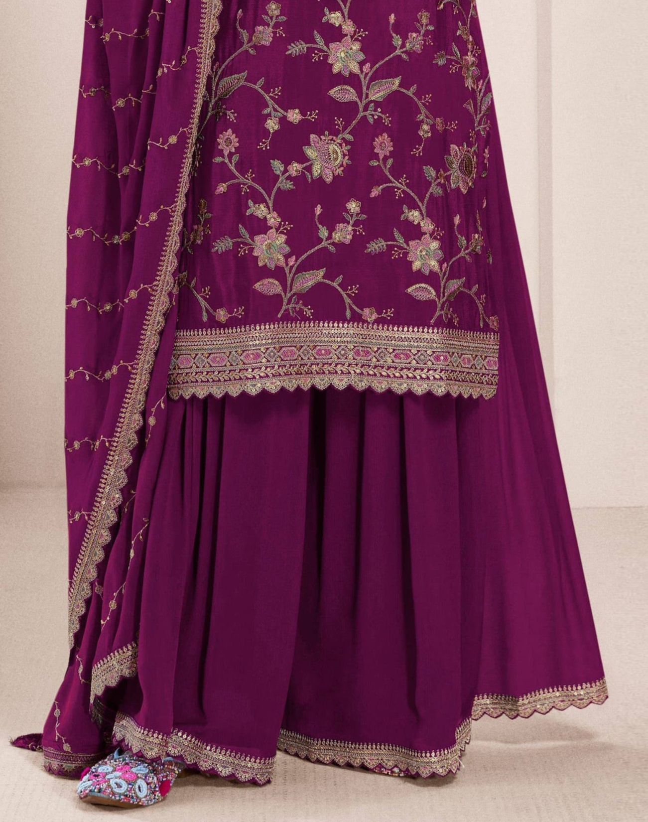 Wine Designer Stitched Designer Palazzo Suit 