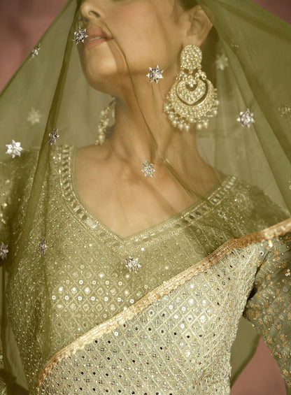 Green Anarkali Suit For Embroidered Worked With Gorgettle Dupatta Gown