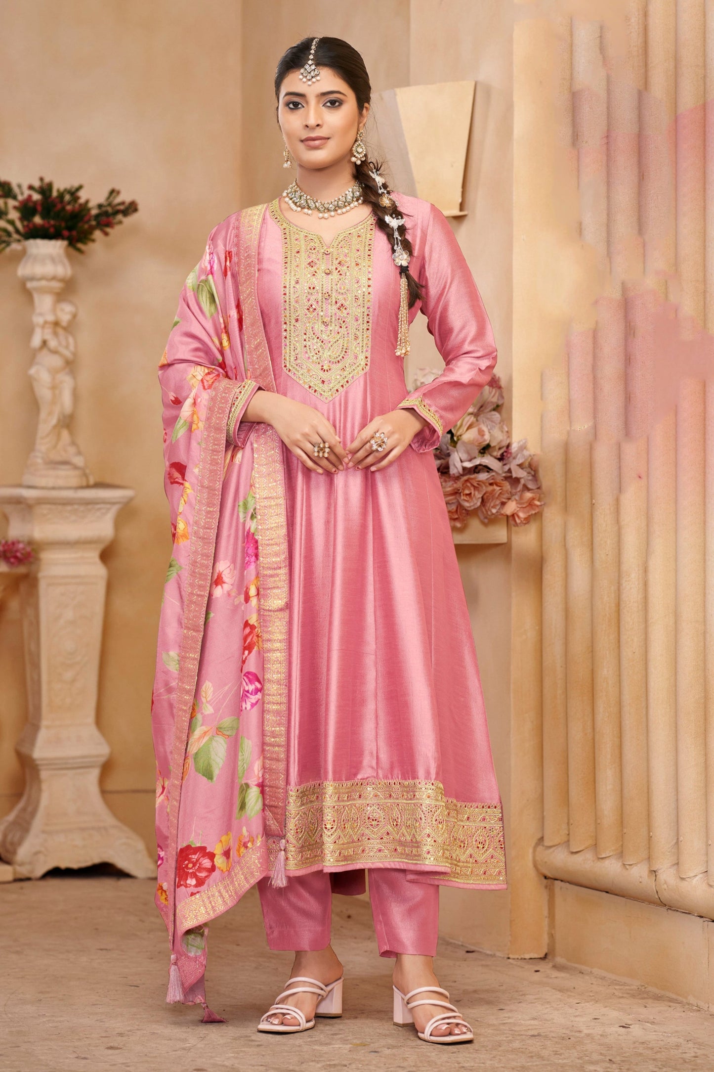 Pink Anarkali Gown with Matching Dupatta for Special Occasions Party Wear Suit