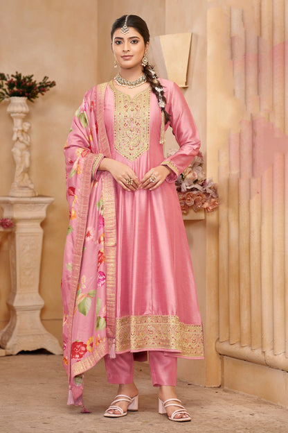 Pink Anarkali Gown with Matching Dupatta for Special Occasions Party Wear Suit