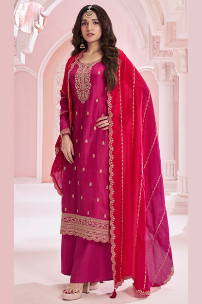 Dark Pink Color Embroidery Work Palazzo Dress With Dupatta Suit for CANADA Women's Wear