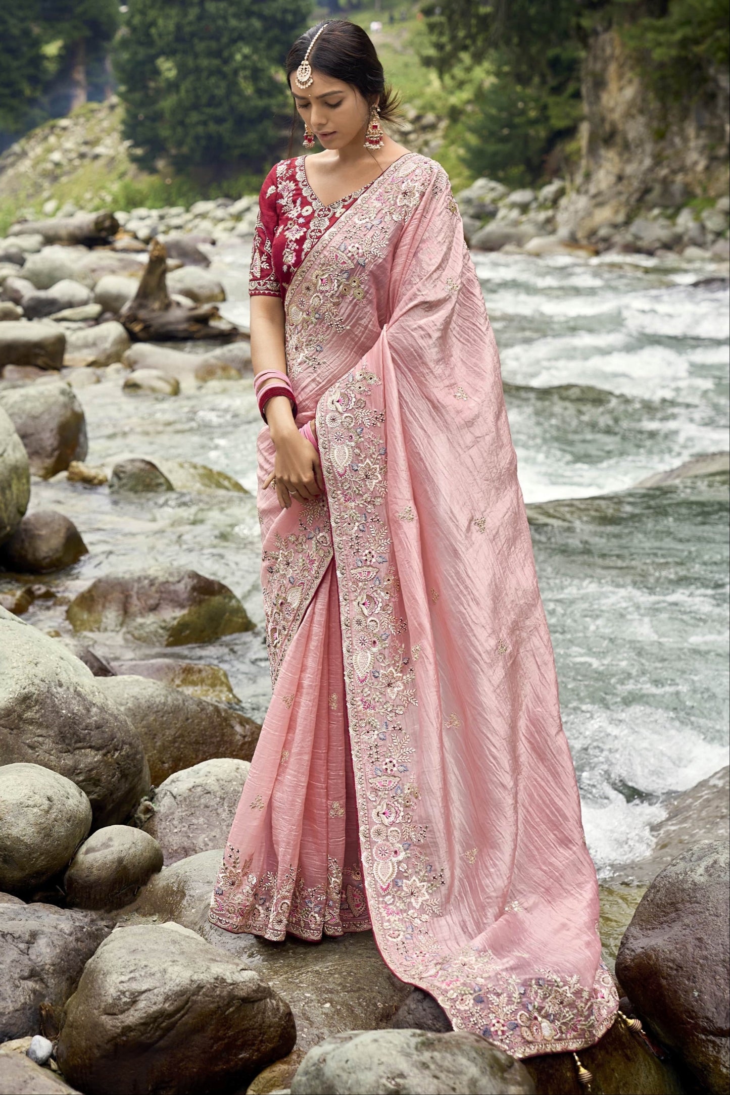 Pink Saree reflects softness and charm – perfect for graceful day functions. 