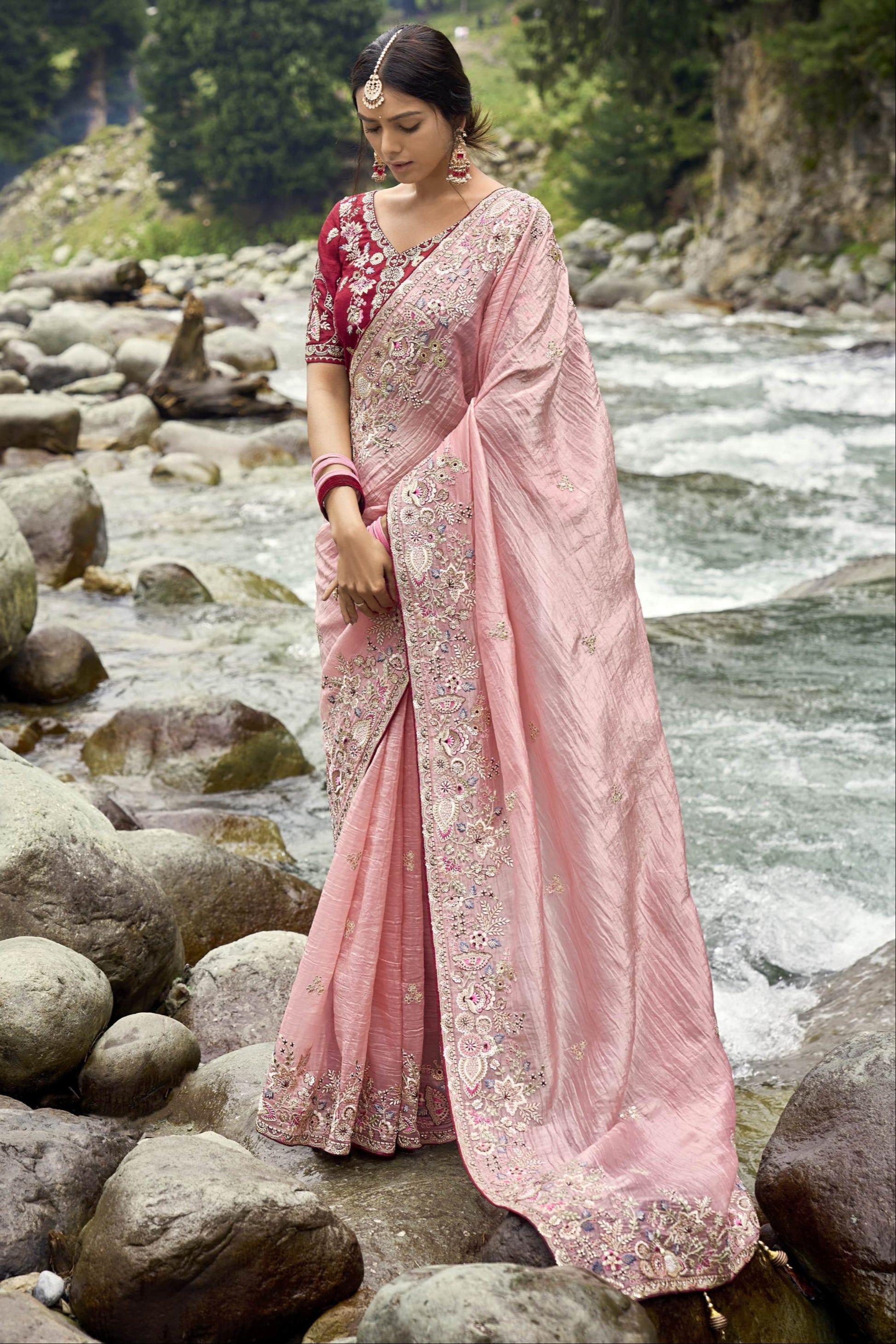 Pink Saree reflects softness and charm – perfect for graceful day functions. 