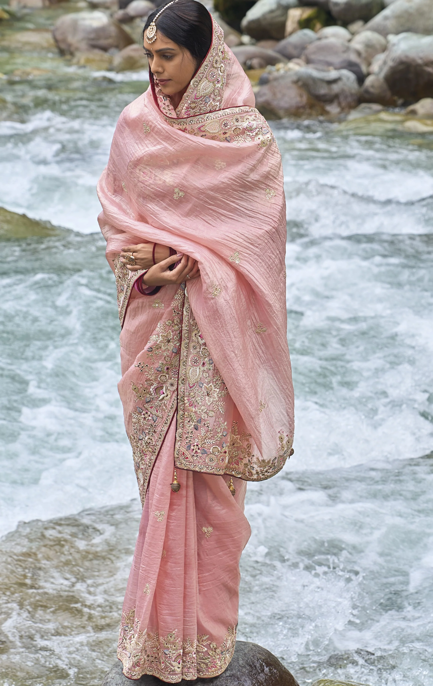 Pink Saree reflects softness and charm – perfect for graceful day functions. 