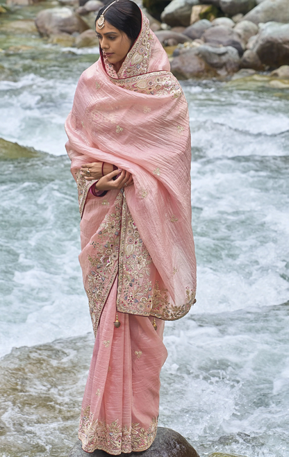 Pink Saree reflects softness and charm – perfect for graceful day functions. 