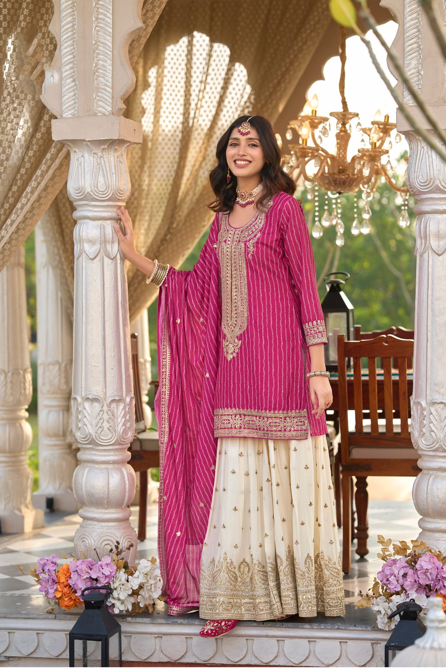 pink sharara outfits with embroidered kurti and dupatta