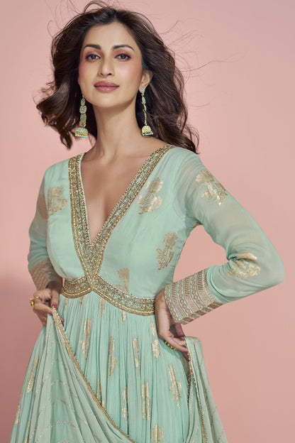 Traditional Wear Sage Green Anarkali Gown With Dupatta Dresses