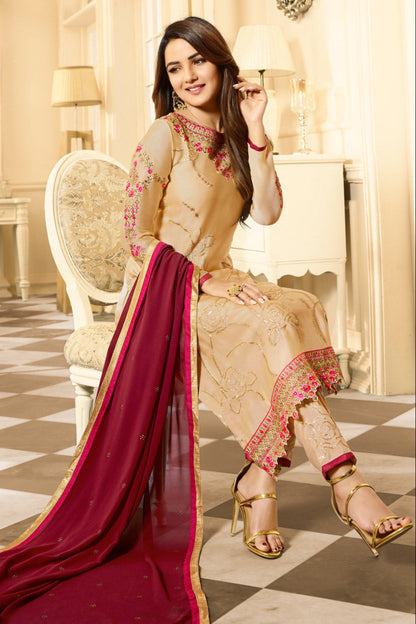 Close-up of satin georgette fabric texture in beige salwar kameez