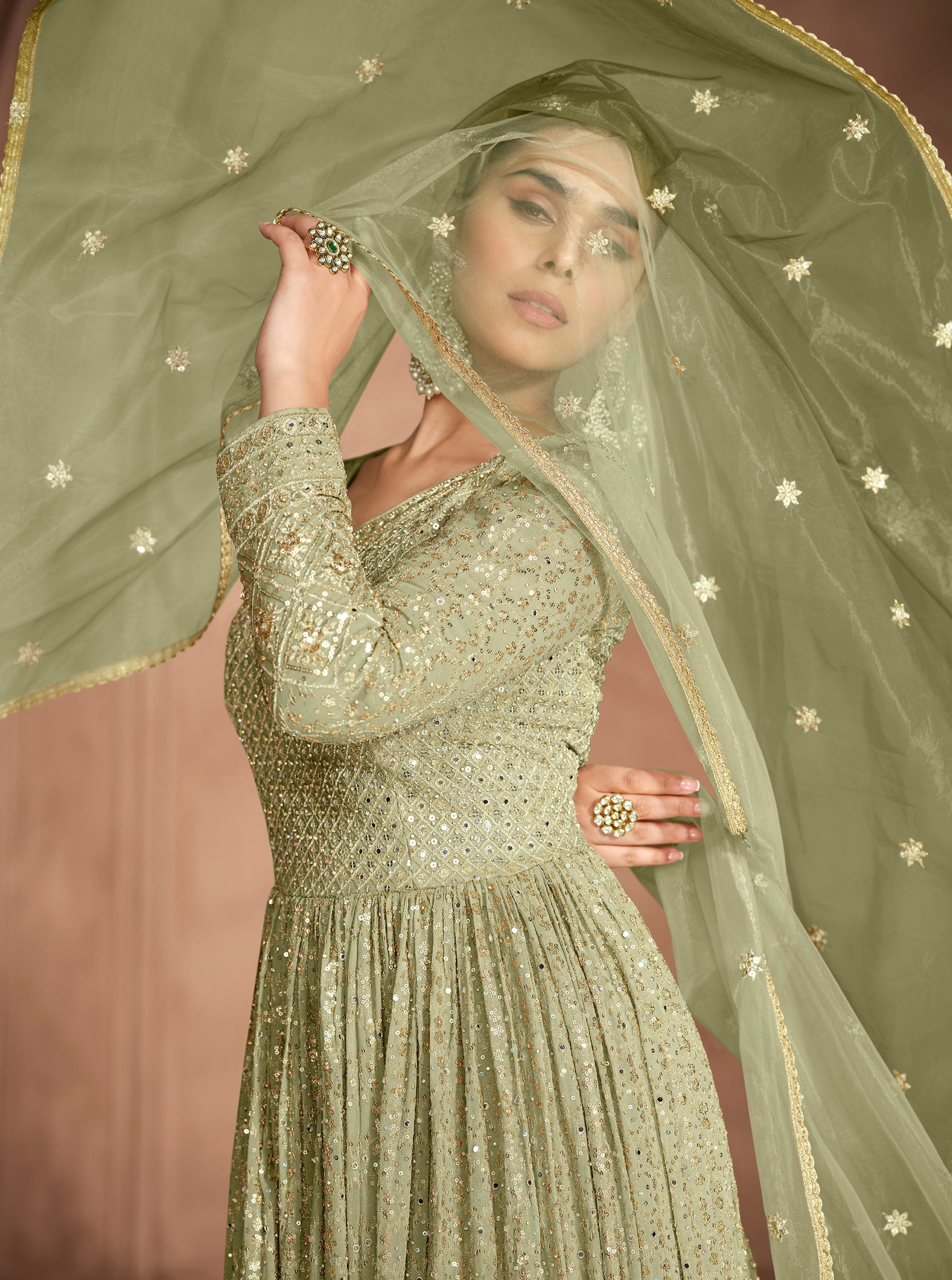 Green Anarkali Suit For Embroidered Worked With Gorgettle Dupatta Gown