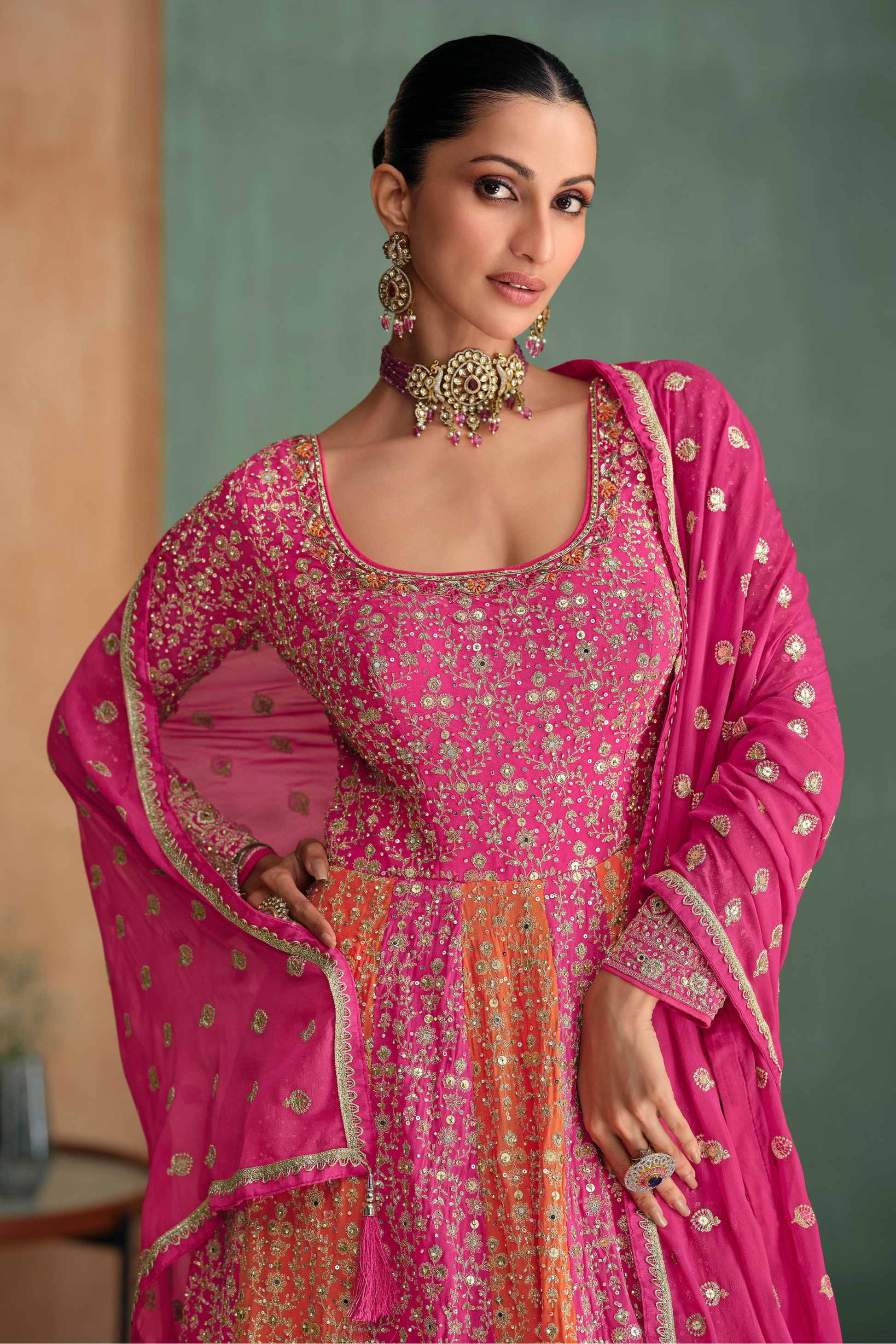 Stylish Full-Length Pink Anarkali Gown Georgette With Dupatta For Wedding Wear
