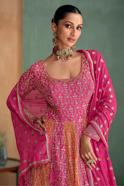 Stylish Full-Length Pink Anarkali Gown Georgette With Dupatta For Wedding Wear
