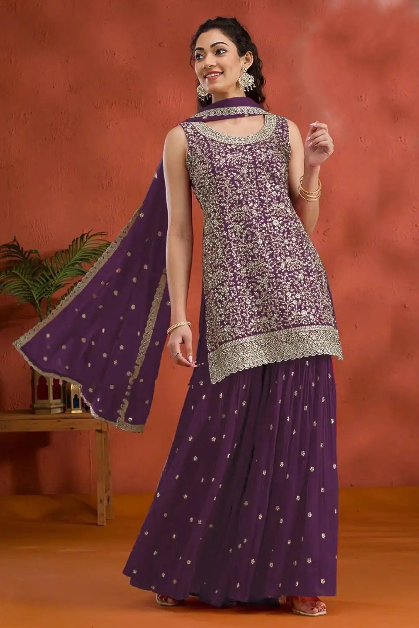 Heavy Designer Traditional Look Purple Palazzo Suit 