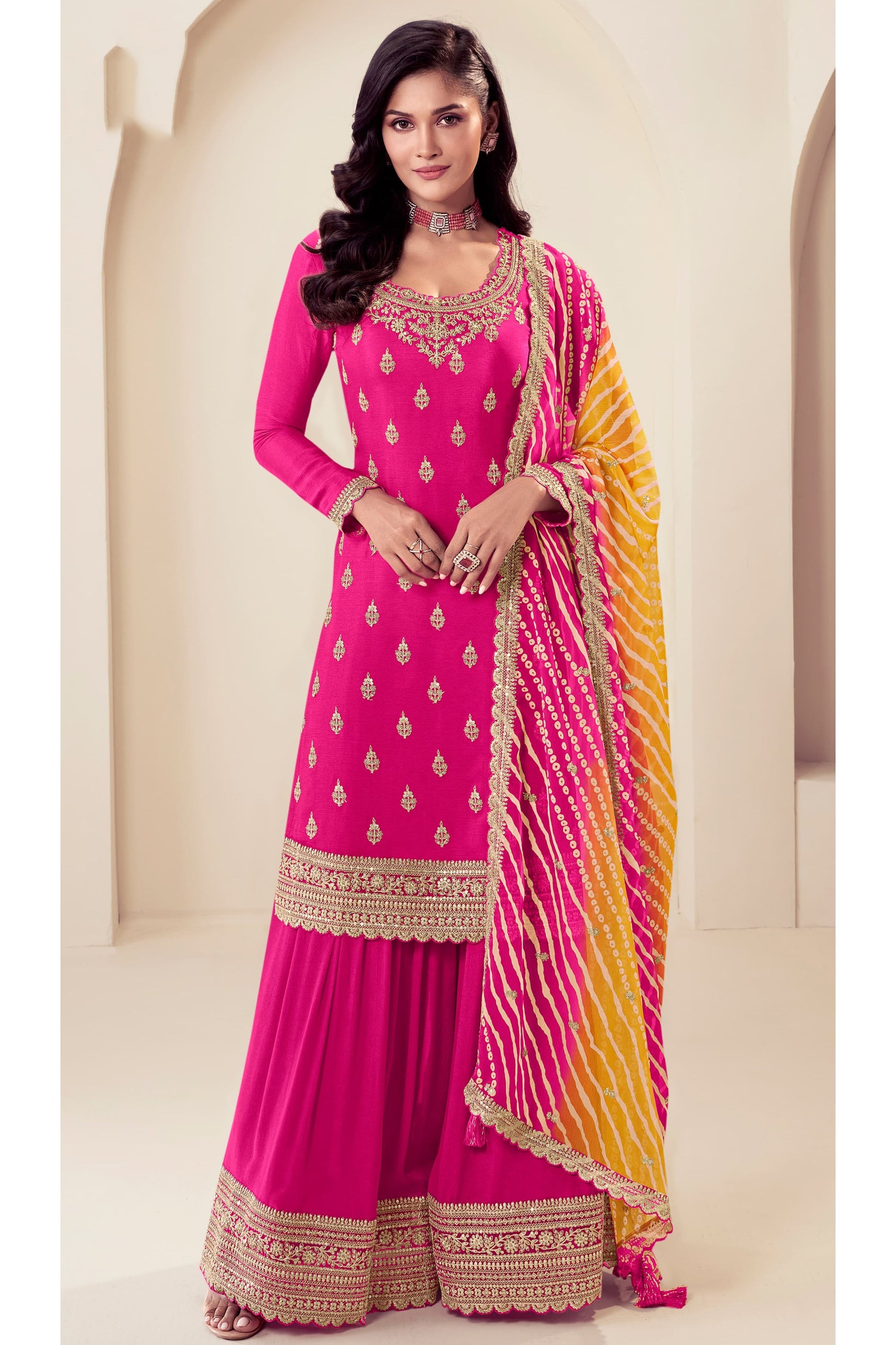 Pink Embroidered Punjabi Wedding Palazzo Suit With Dupatta