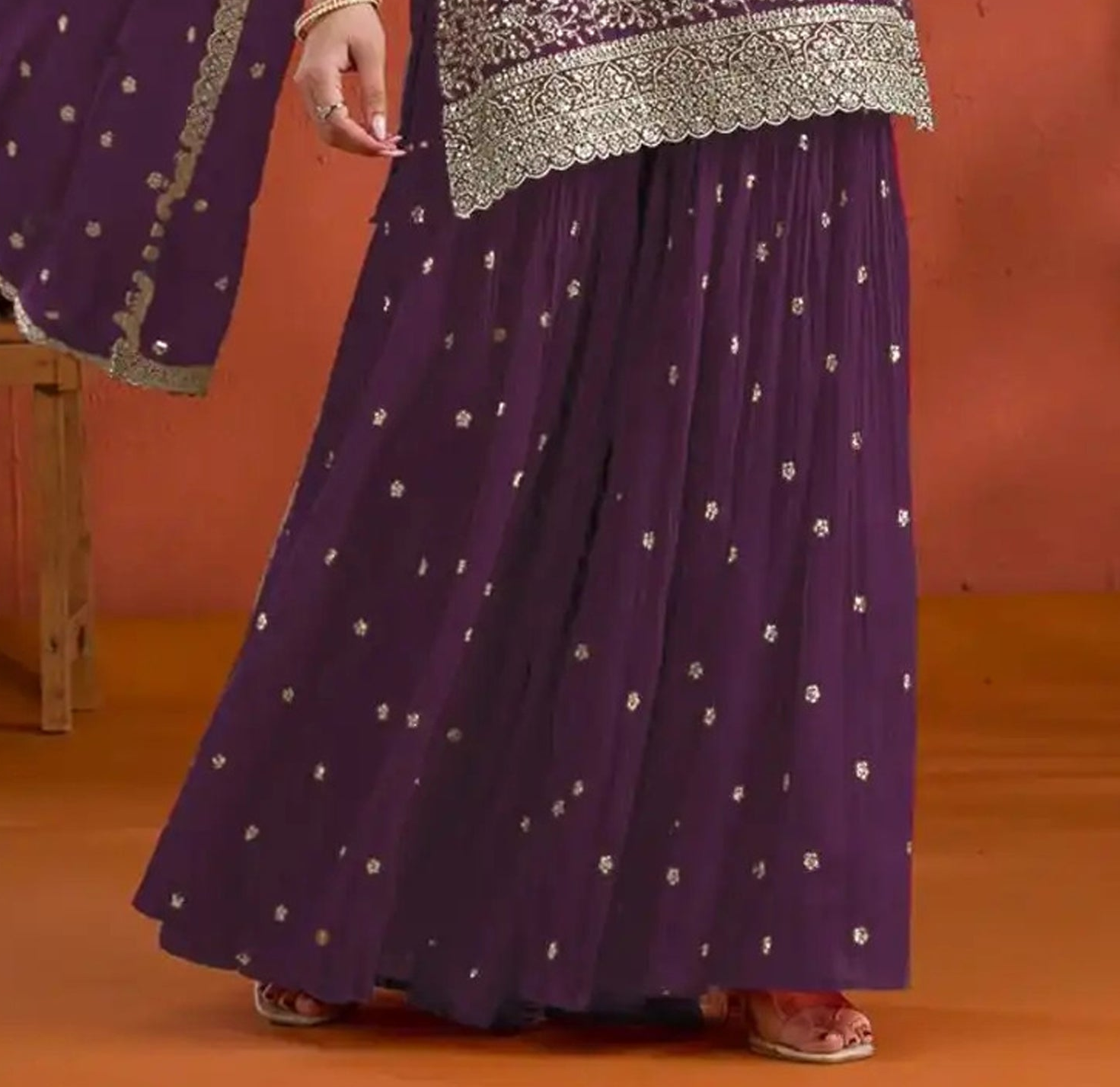 Pakistani Purple Designer Embroidered Work Palazzo Outfit  