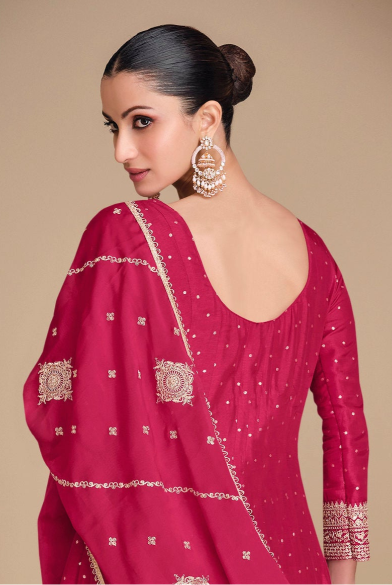 Jacquard Silk Pink Anarkali Gown With Embroidery Work Traditional Indian Wedding Dress