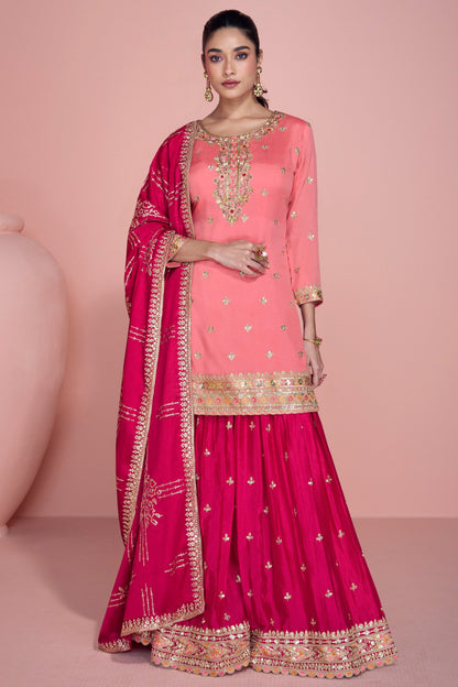 pink sharara with embroidery front view
