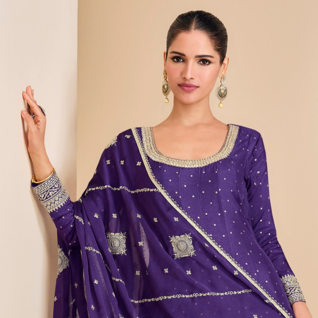 Purple Embroidered Indian Pakistani Anarkali Gown With Dupatta For Her