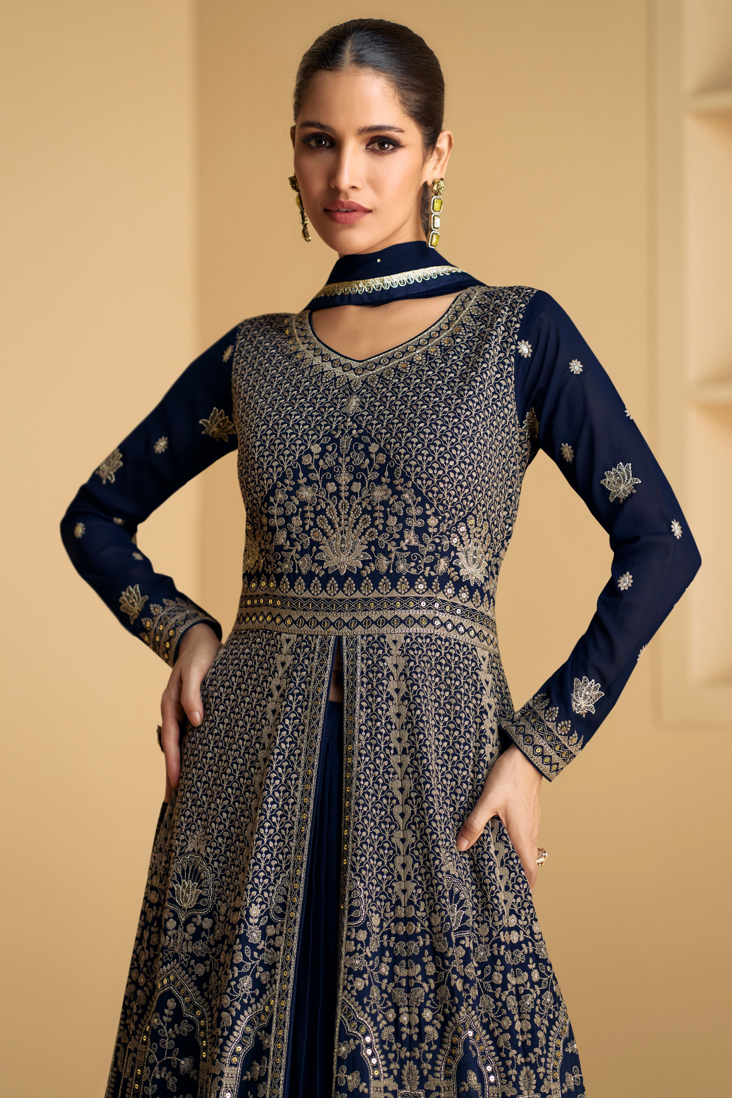 Anarkali Indian Dressesâ€‹ Navy Blue Embroidered Worked Gown For Women's Wear