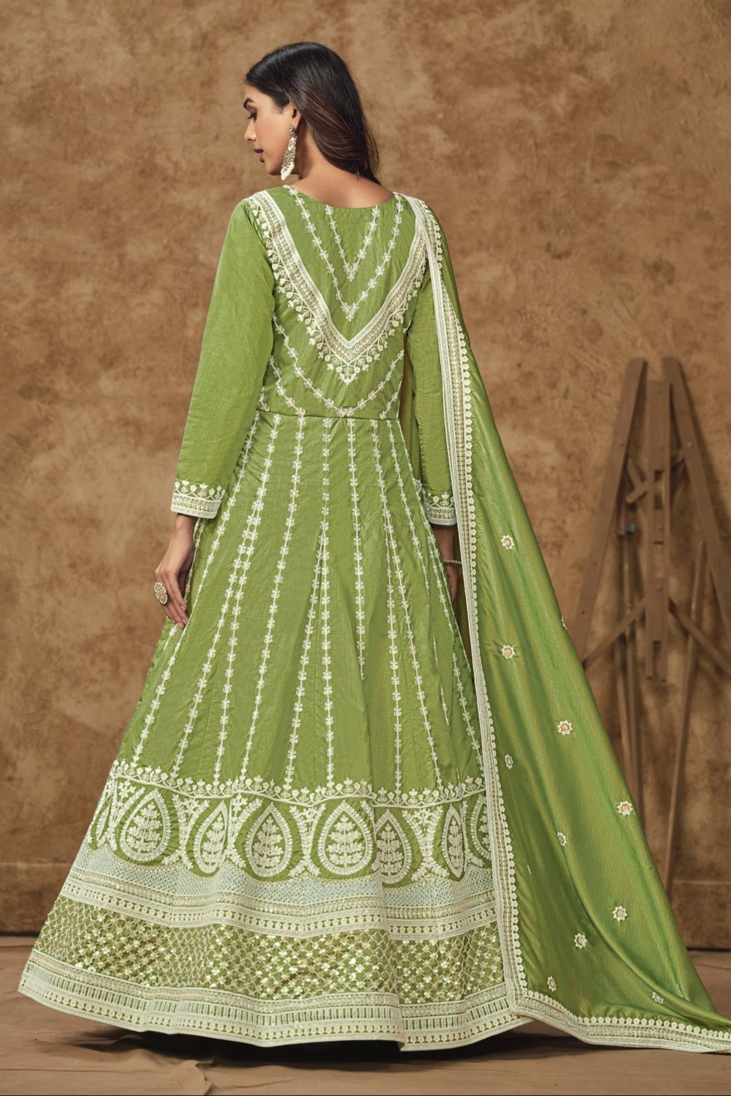 Olive Green Exclusive Anarkali Gown For Wedding Party Wear Suit for USA Women's