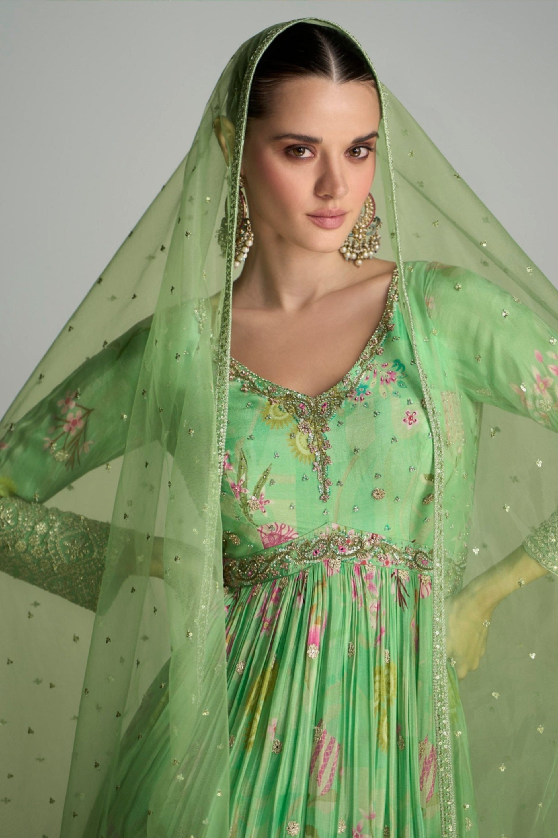 Reception Party Wear Stylish Stitched Long Chinon Silk Green Anarkali Dress