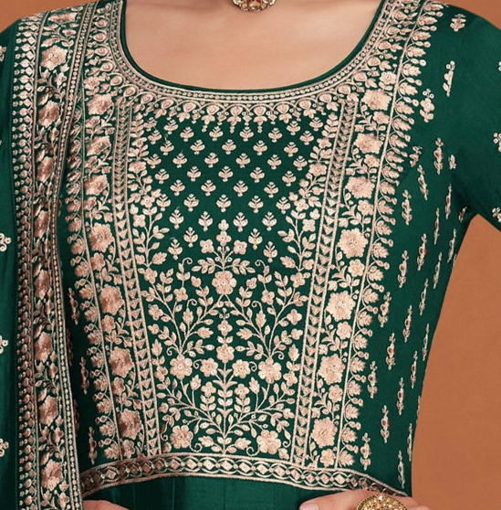 Function Party Wear Stylish Full Long Premium Silk Green Anarkali Dupatta Gown's