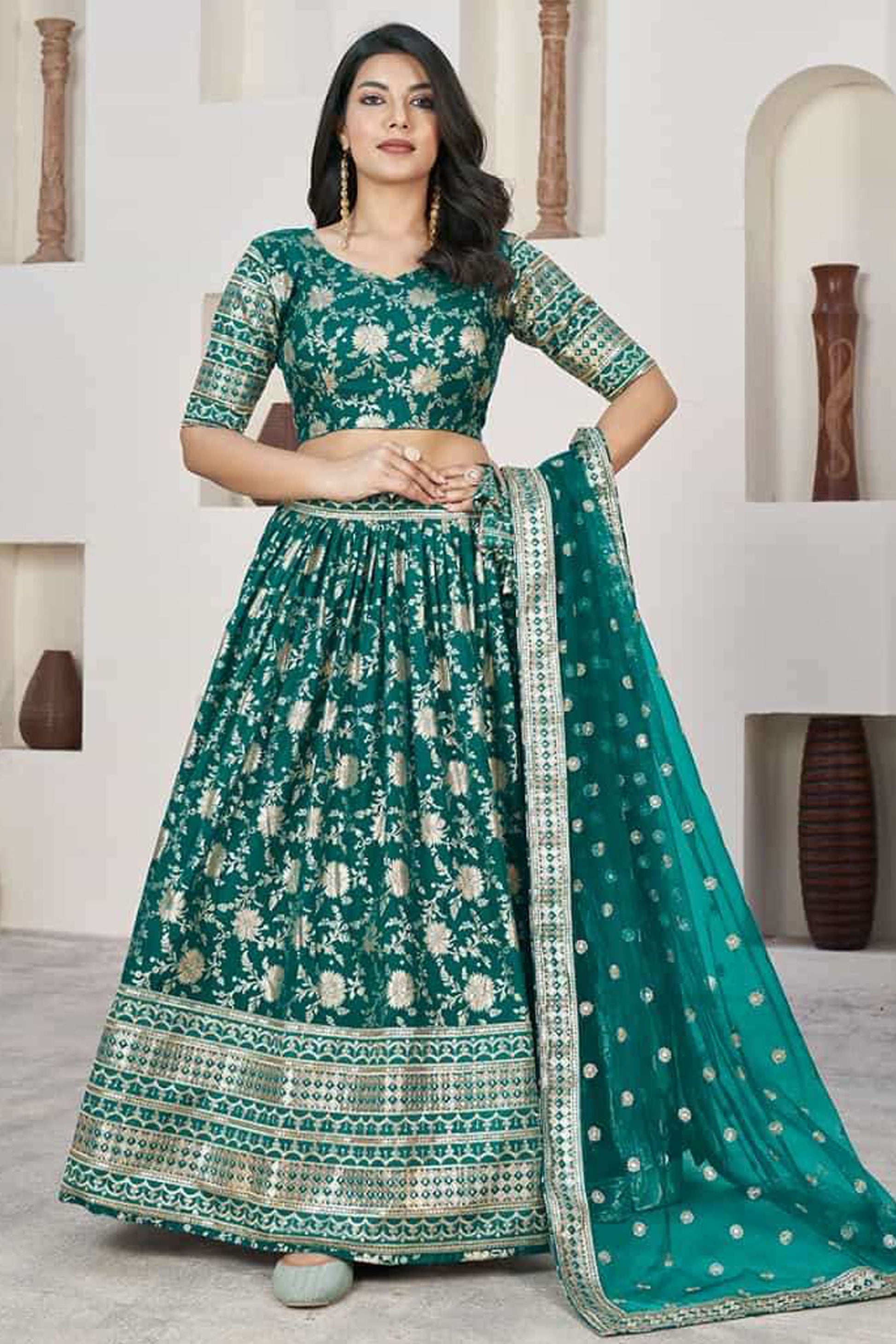  Green Heavy Embroidered Lehenga Choli For Wedding Reception - Indian Bridal Outfit USA