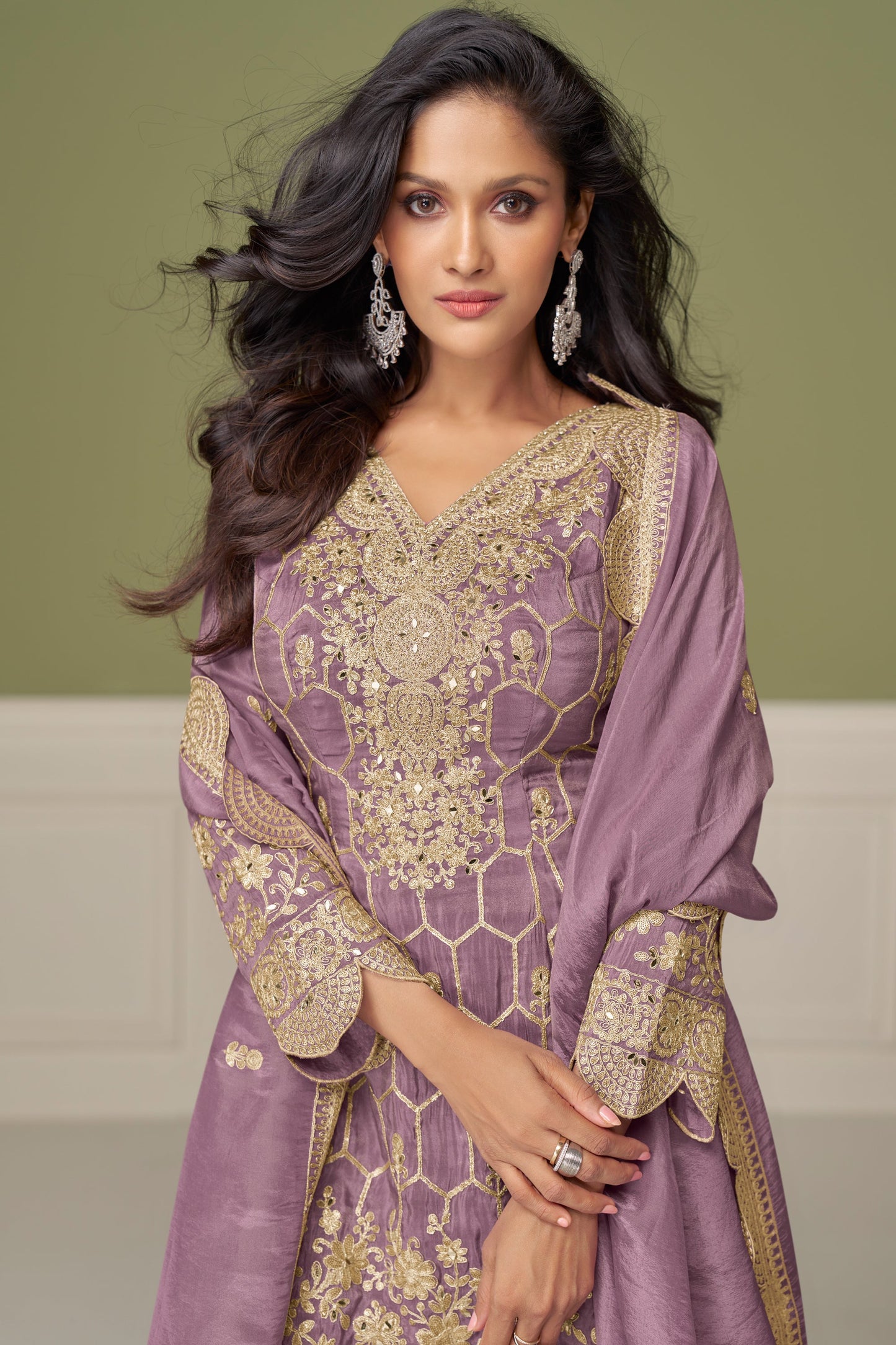 Levender sharara suits in real shimmer silk fabric