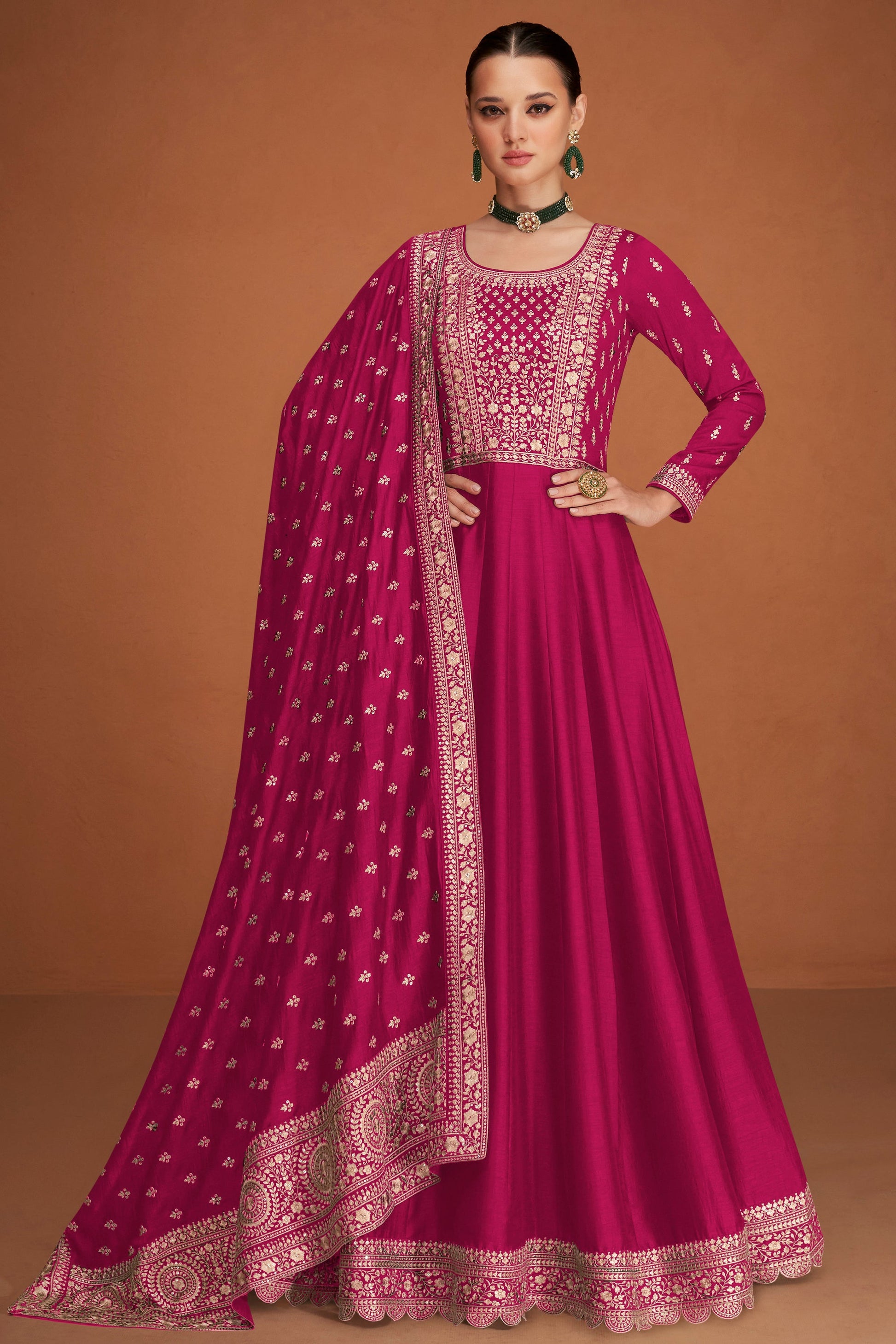 Pink Embroidery Worked Round Neck Anarkali Full Long Dupatta Dress