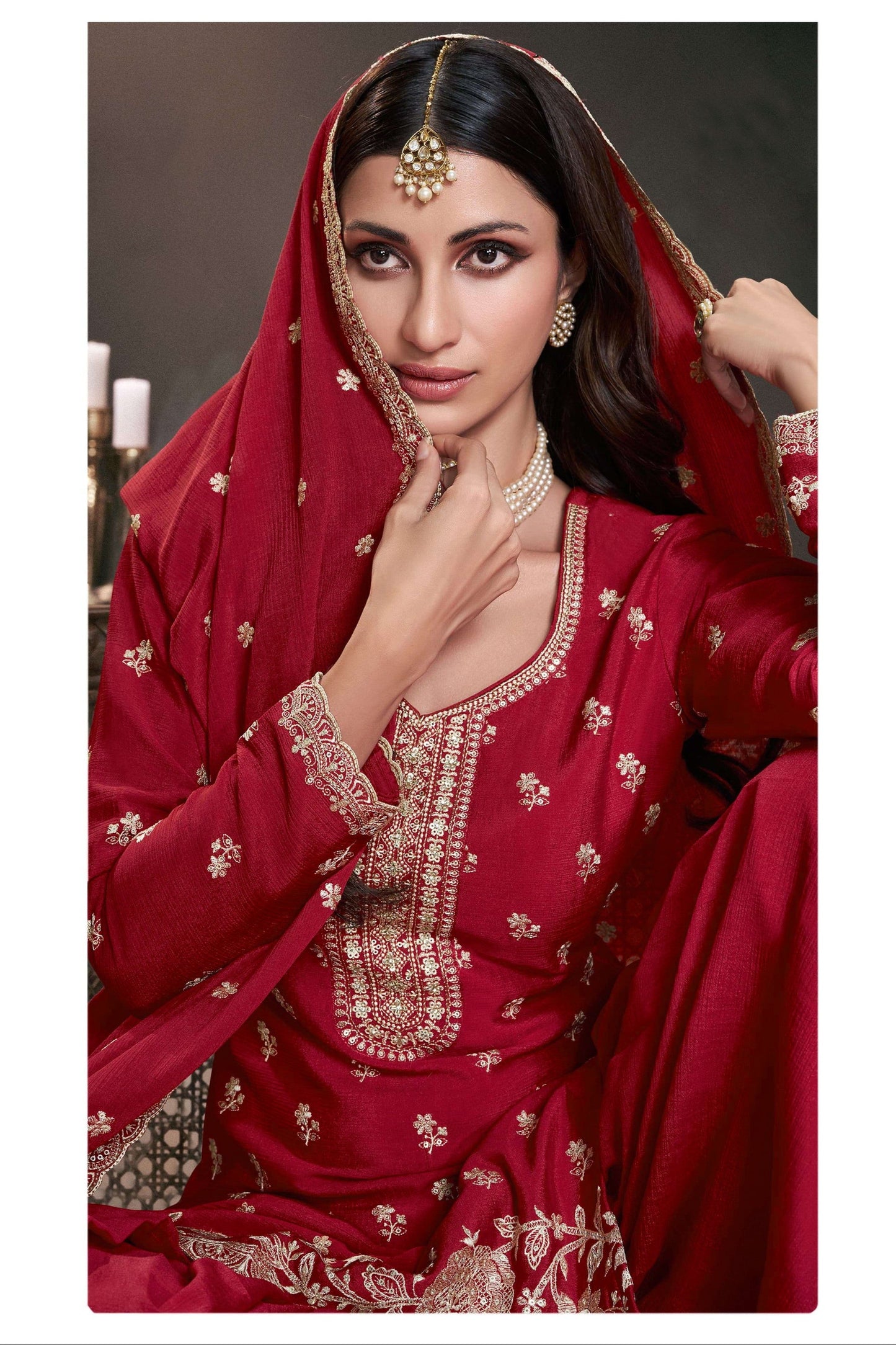 Elegant Red Chinon Palazzo Suit With Embroidery Work Ready To Wear