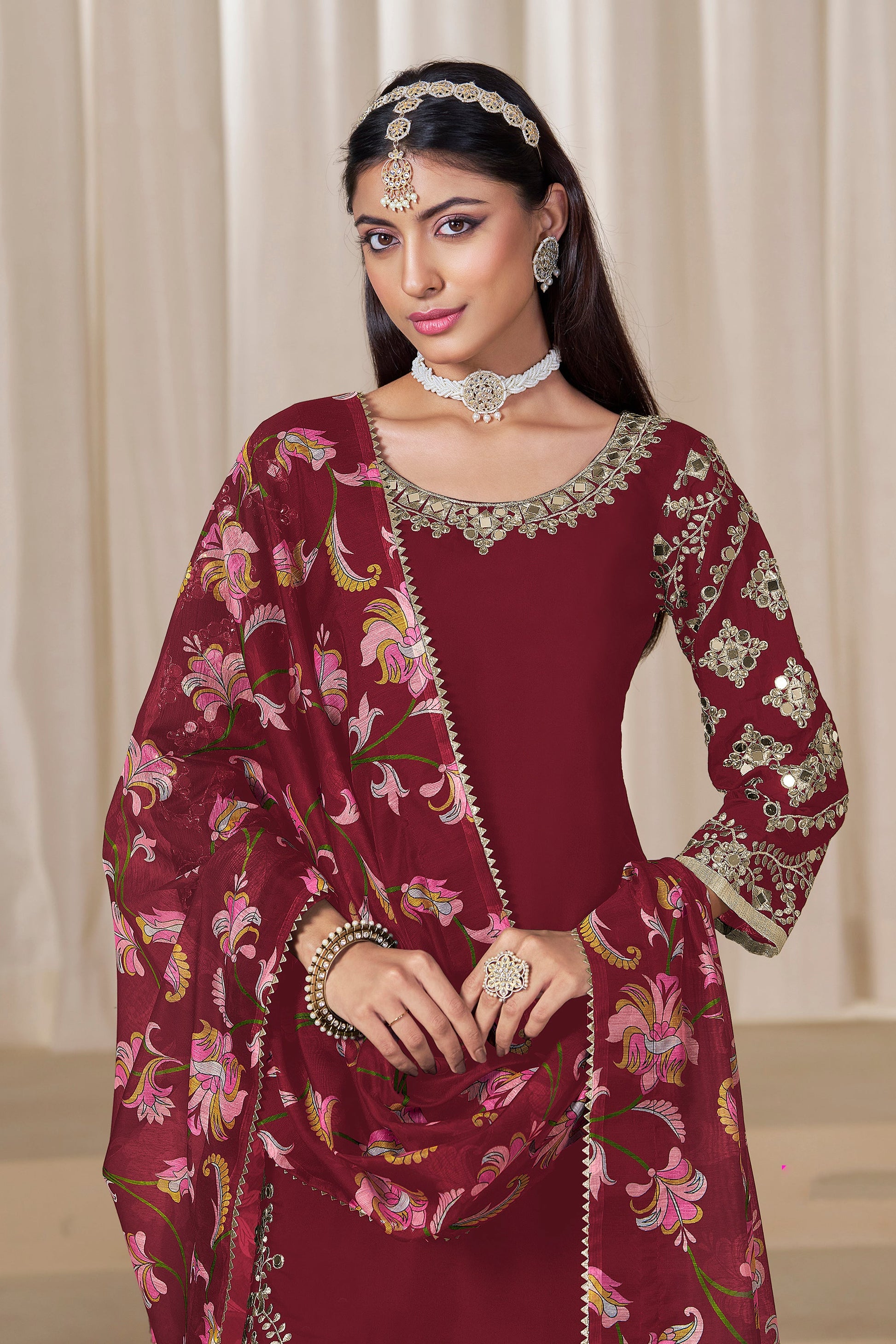 Ethnic Party Wear Red Velvet Designer Patiala Suit With Dupatta