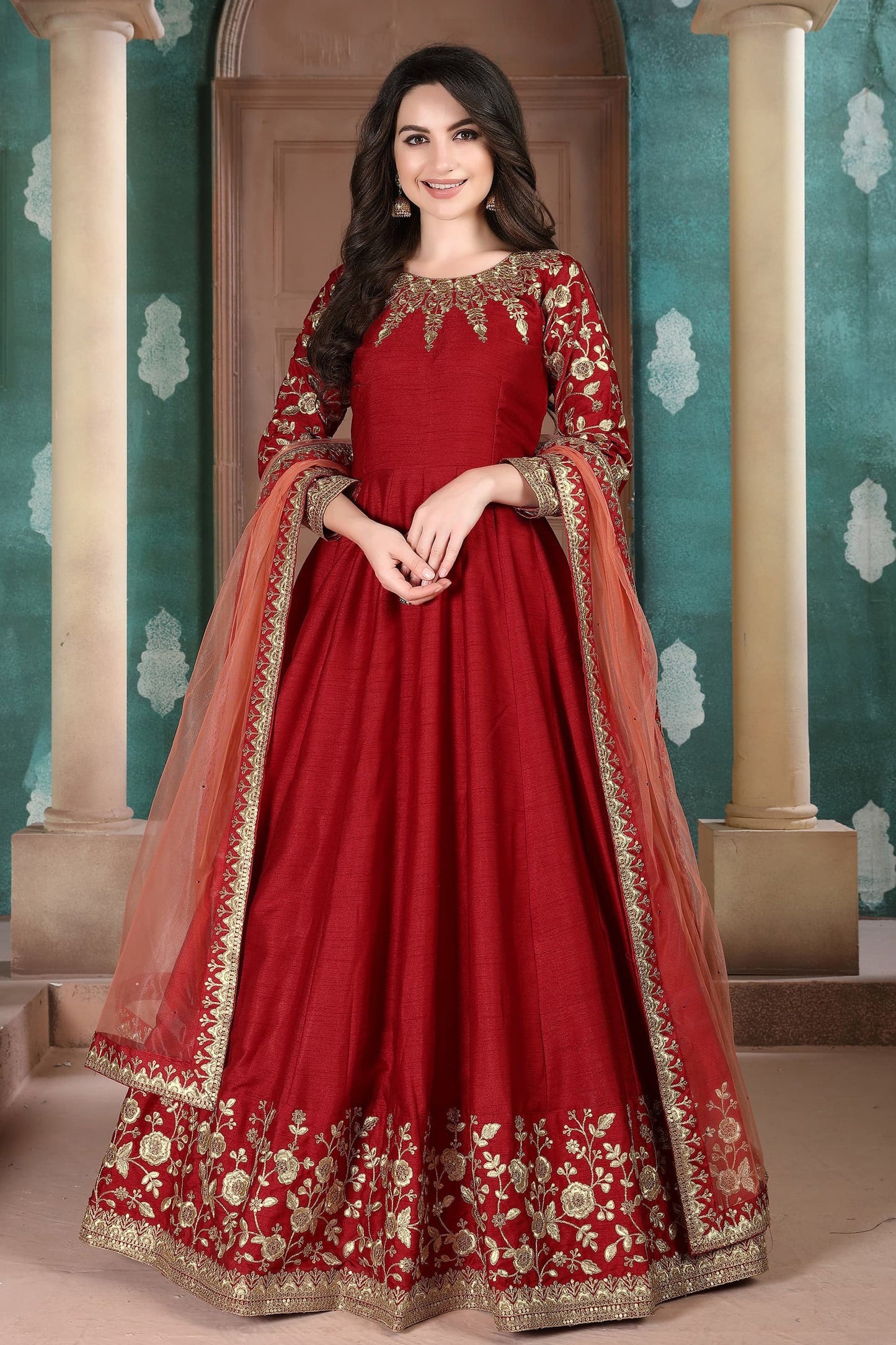 Red Anarkali Suit Heavy Embroidery Worked Long Gown With Net Dupatta Dress