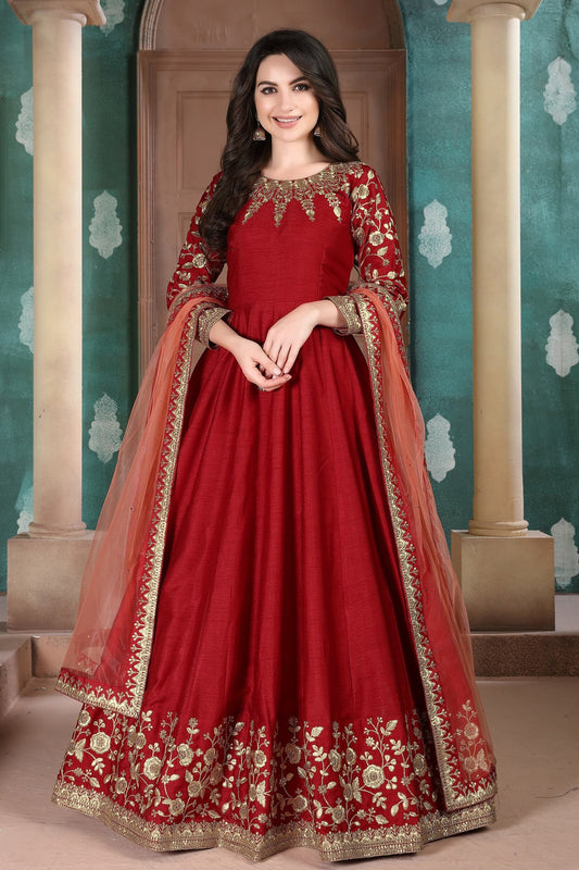 Red Anarkali Suit Heavy Embroidery Worked Long Gown With Net Dupatta Dress