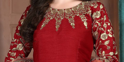 Red Anarkali Suit Heavy Embroidery Worked Long Gown With Net Dupatta Dress
