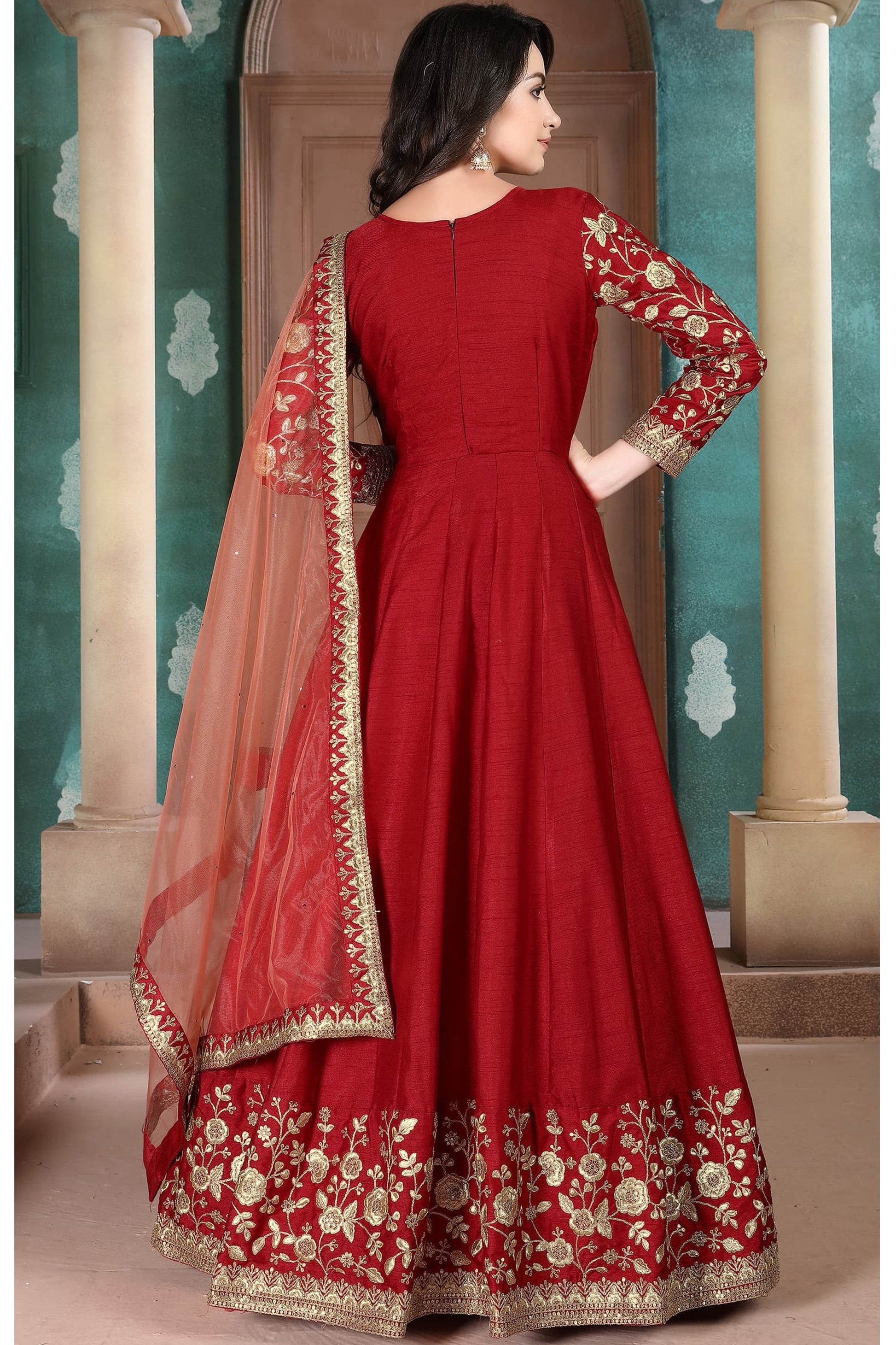 Red Anarkali Suit Heavy Embroidery Worked Long Gown With Net Dupatta Dress