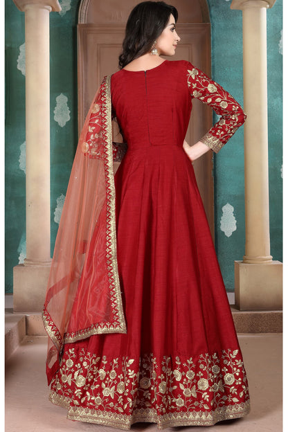 Red Anarkali Suit Heavy Embroidery Worked Long Gown With Net Dupatta Dress