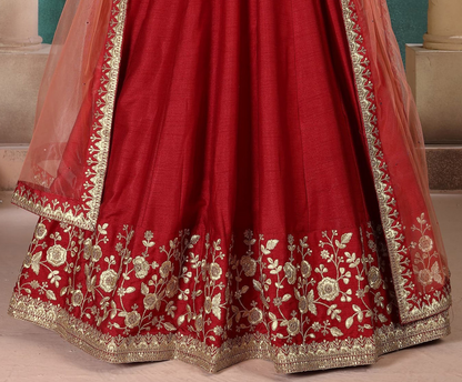 Red Anarkali Suit Heavy Embroidery Worked Long Gown With Net Dupatta Dress