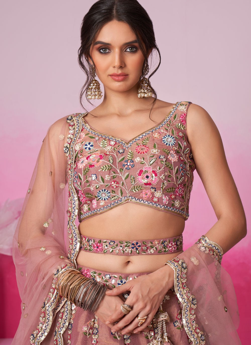 "Stylish lehengas for U.S.-based Indian functions."
