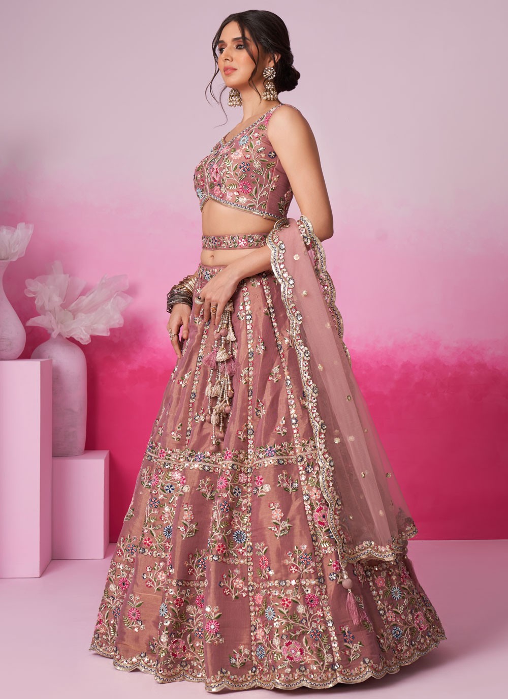 "Stylish lehengas for U.S.-based Indian functions."
