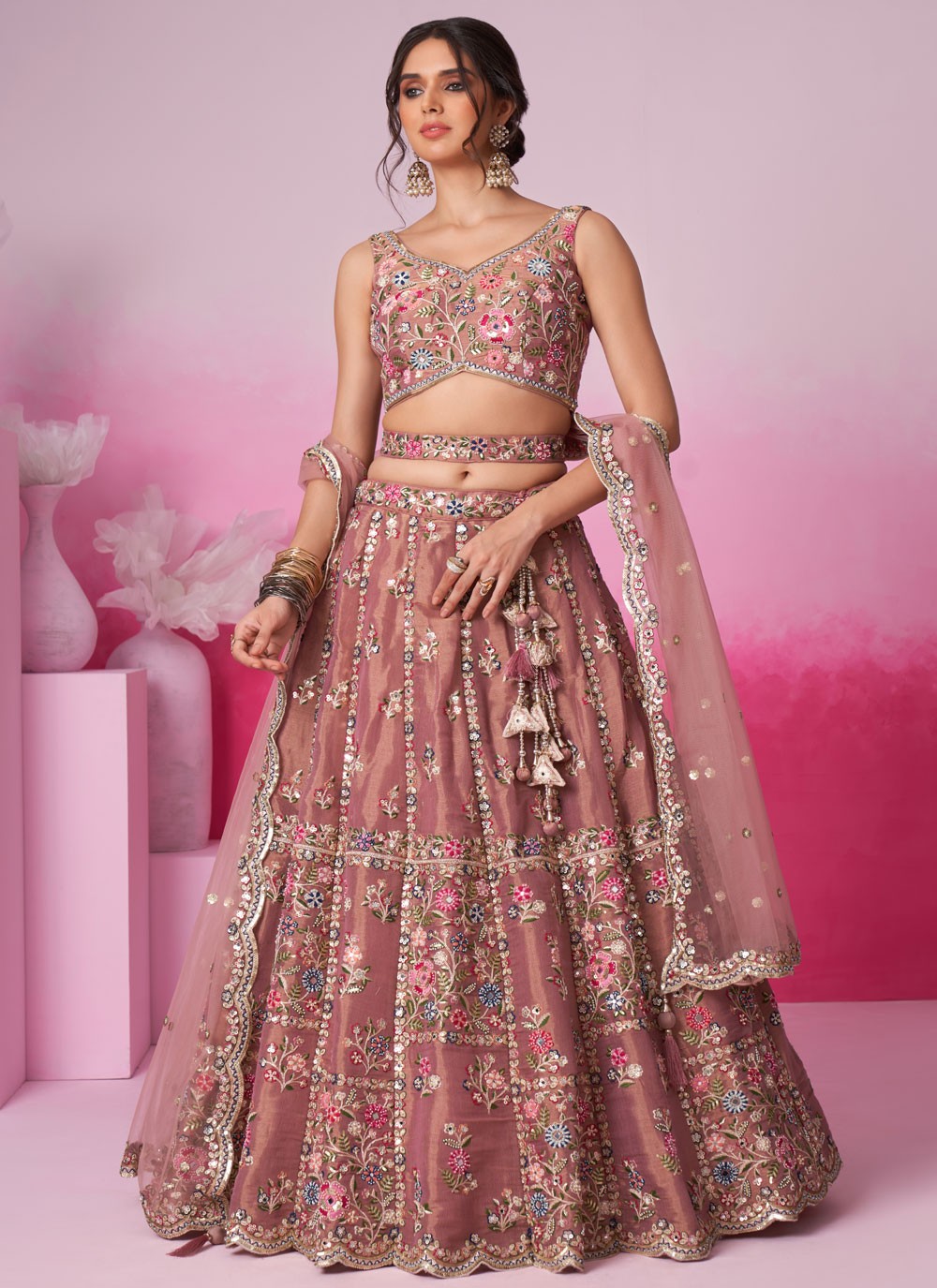 "Stylish lehengas for U.S.-based Indian functions."
