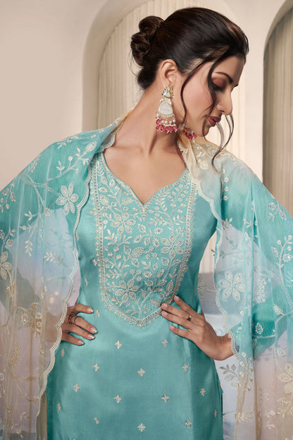 traditional salwar kameez in sky blue for festive wear