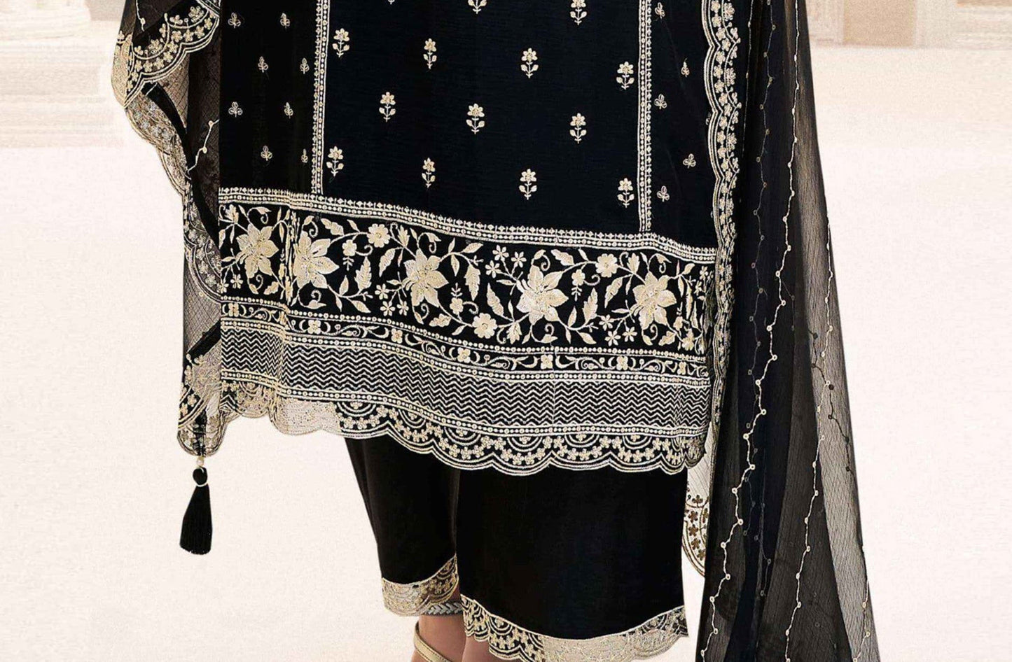 Side angle showcasing drape of chinon kameez