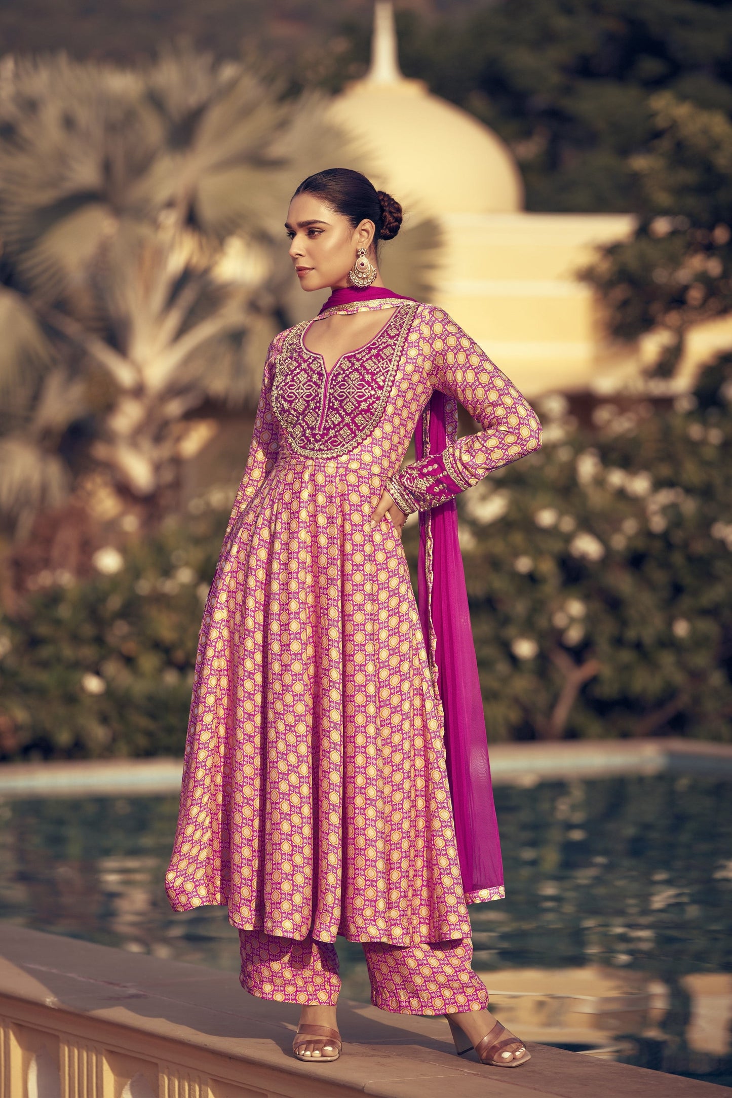Light pink color salwar kameez in Chinon silk fabric, adorned with delicate embroidery work, offering a soft and elegant look for festive and special occasions.
