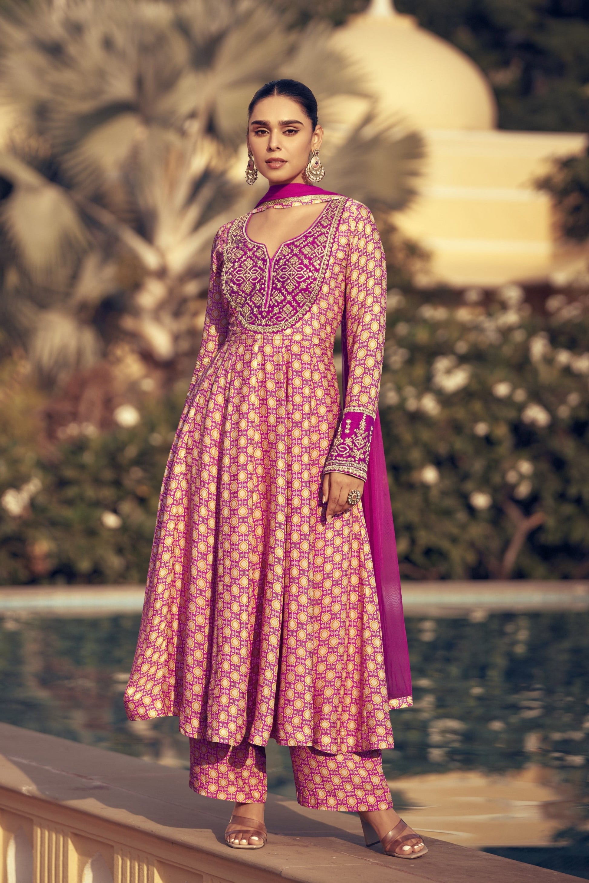 Light pink color salwar kameez in Chinon silk fabric, adorned with delicate embroidery work, offering a soft and elegant look for festive and special occasions.
