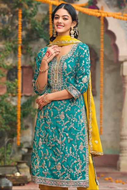 Teal salwar kameez is cool and refreshing. It blends blue and green for a unique look