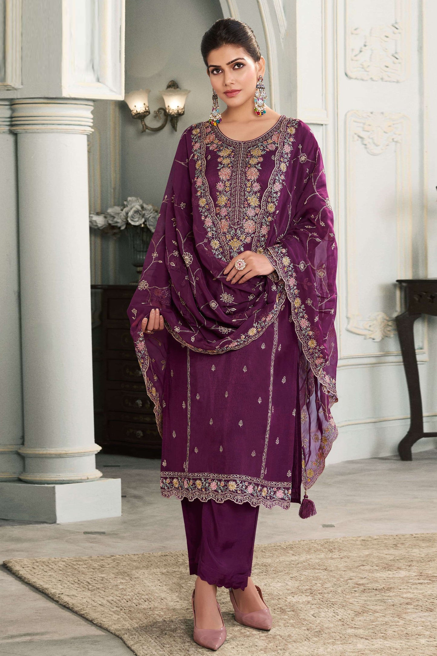 Dark pink kameez shalwar front view with embroidery