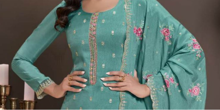silk kameez fabric drape on teal salwar suit outfit