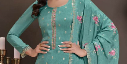 silk kameez fabric drape on teal salwar suit outfit